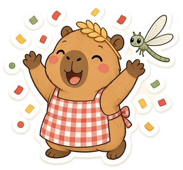 Biscuit celebrating in a shower of confetti