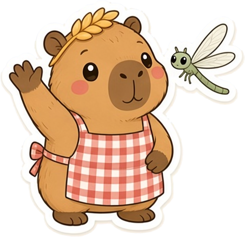 Biscuit the capybara in a red gingham apron, waving hello at the market booth