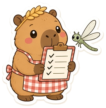 Biscuit holding a packing list on a clipboard